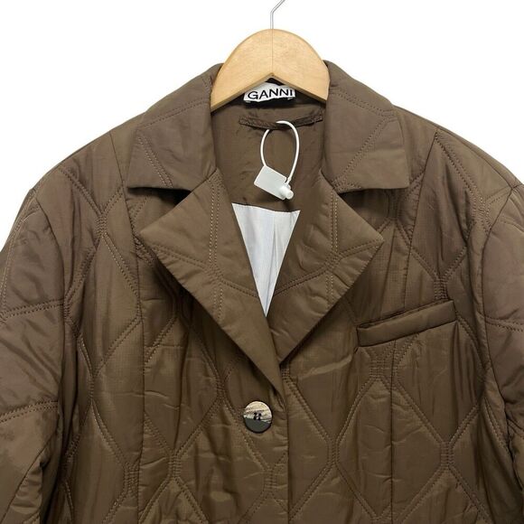 GANNI Diamond Quilted Ripstop Oversized Jacket Teak Brown Coat Women’s Size M - Picture 8 of 14